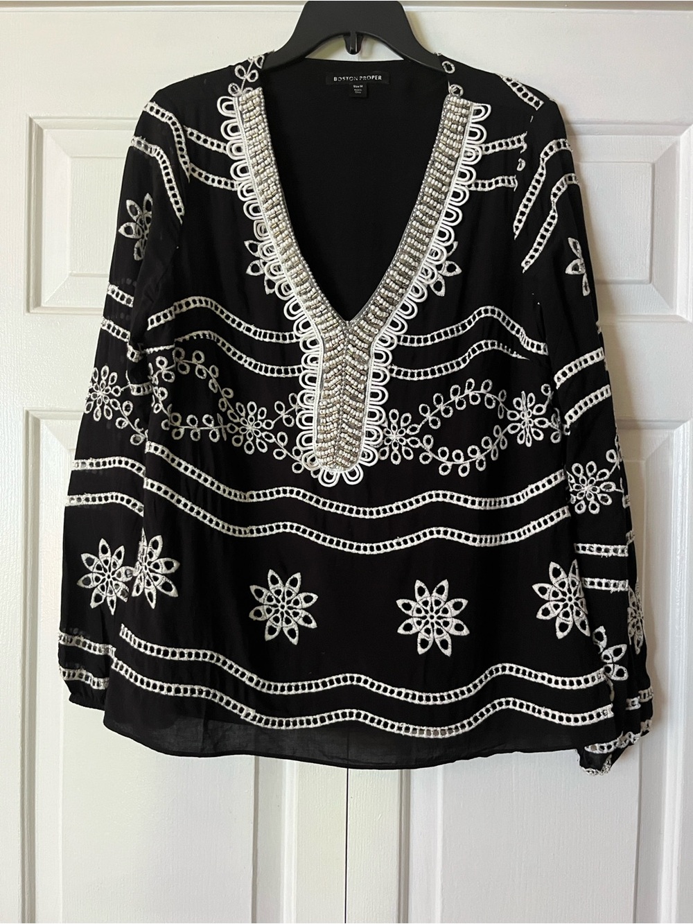 Boston Proper Black Embroidered V-Neck Tunic Top